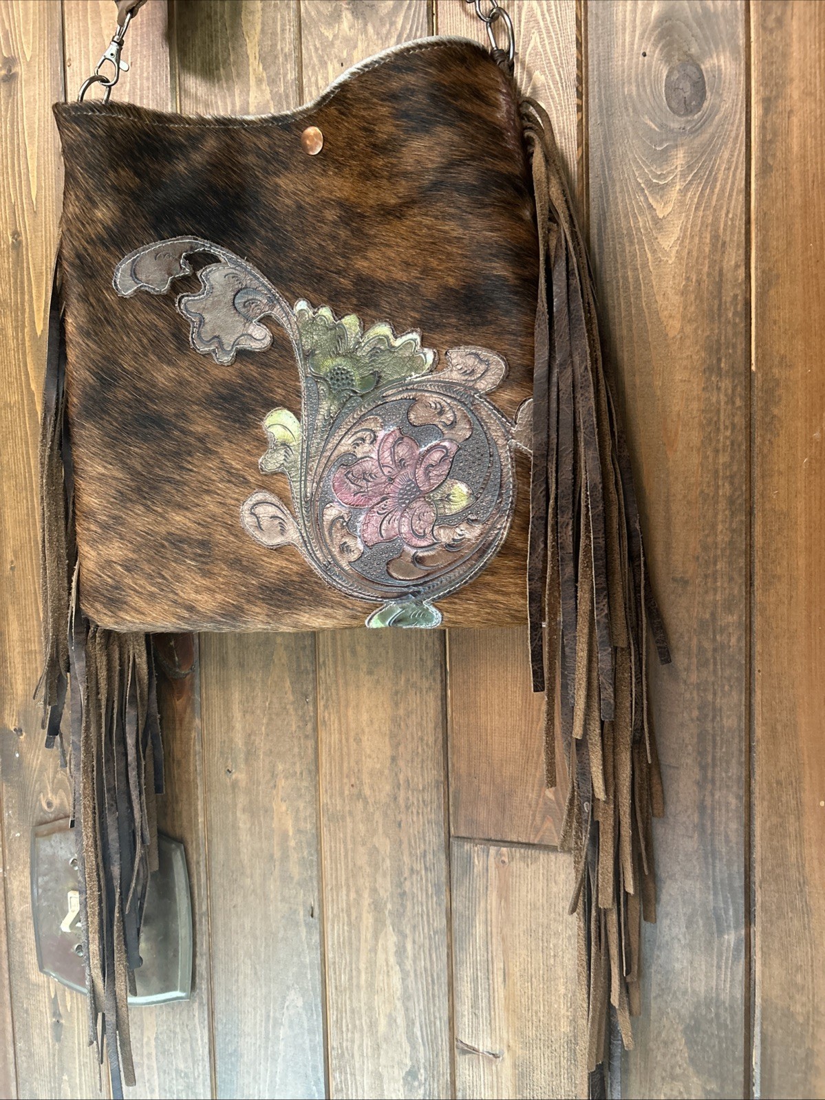 Dancing Cactus Design Genuine Leather Cowhide Boho Tooled Thick Strap Purse