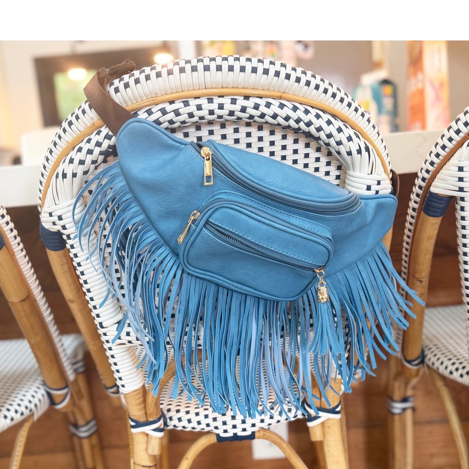 Fringe Tassel Fanny Pack Waist Bag Denim Blue Faux Leather Festival Boho Western