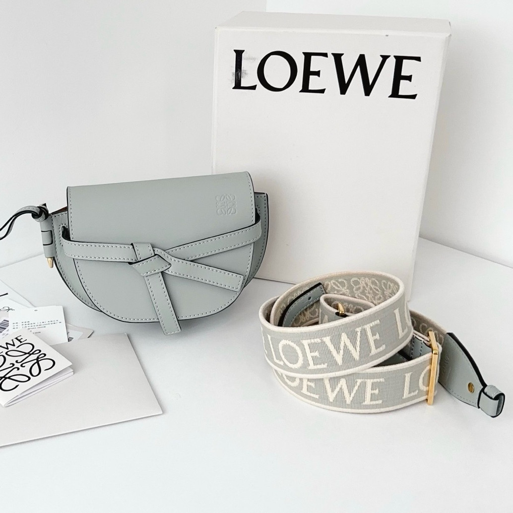 Loewe Gate Dual Mini Saddle Bag Light Gray Crossbody Shoulder Bag Gold Hardware
