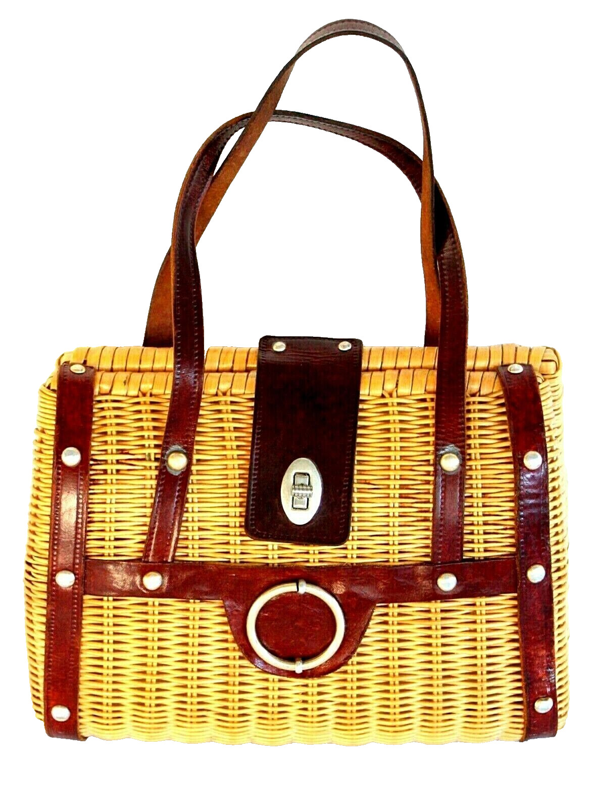 VTG British Hong Kong BAMBOO WOVEN BROWN GENUINE LEATHER BASKET HANDBAG PURSE