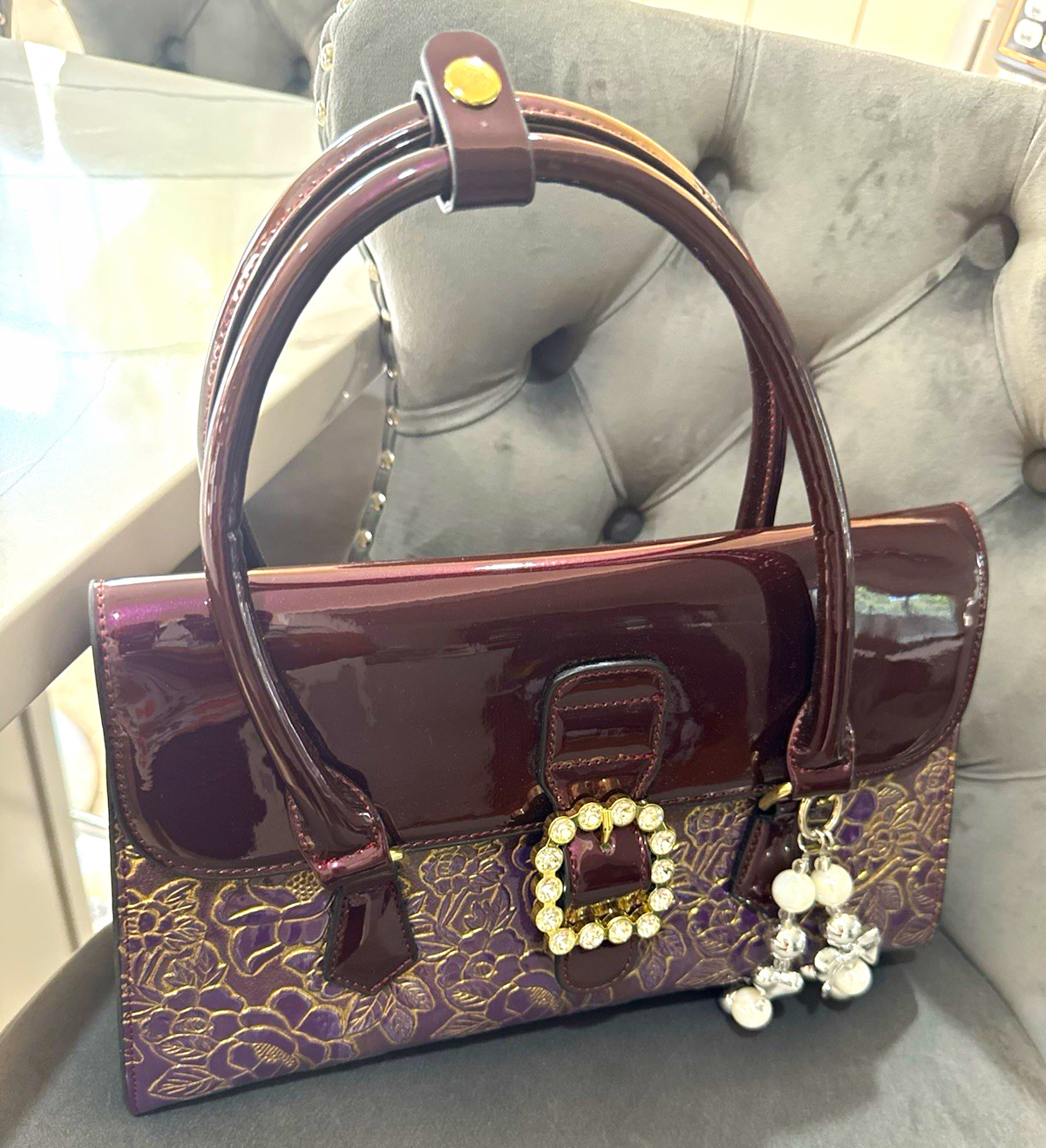 SHISHANGDAISHU Purple Floral Satchel Top Handle Zip Bag w/ Detachable Strap