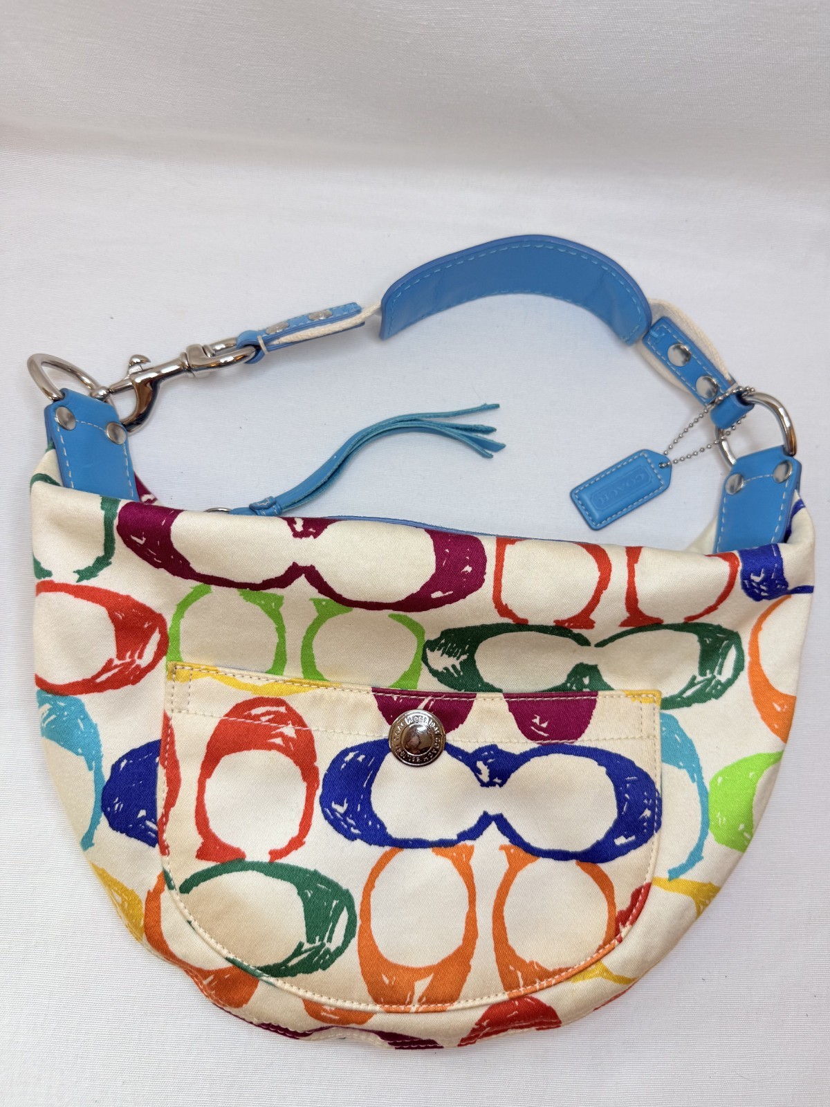Coach Multicolor Scribble Logo Hampton Hobo Medium Shoulder Bag Y2k Blue Leather