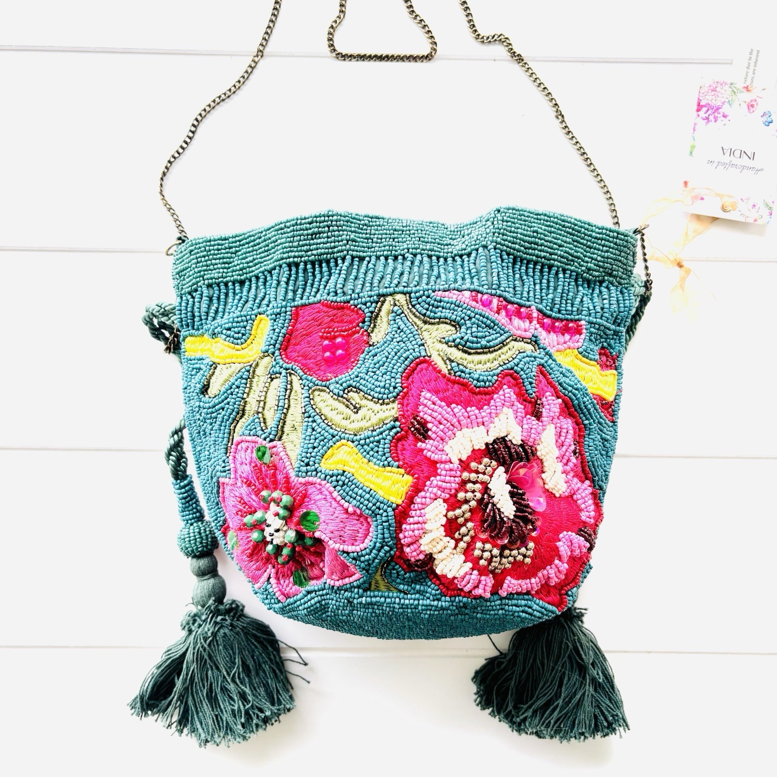 TikTok Viral India Beaded Bucket Bag Floral Embroidered Tassels Teal Crossbody