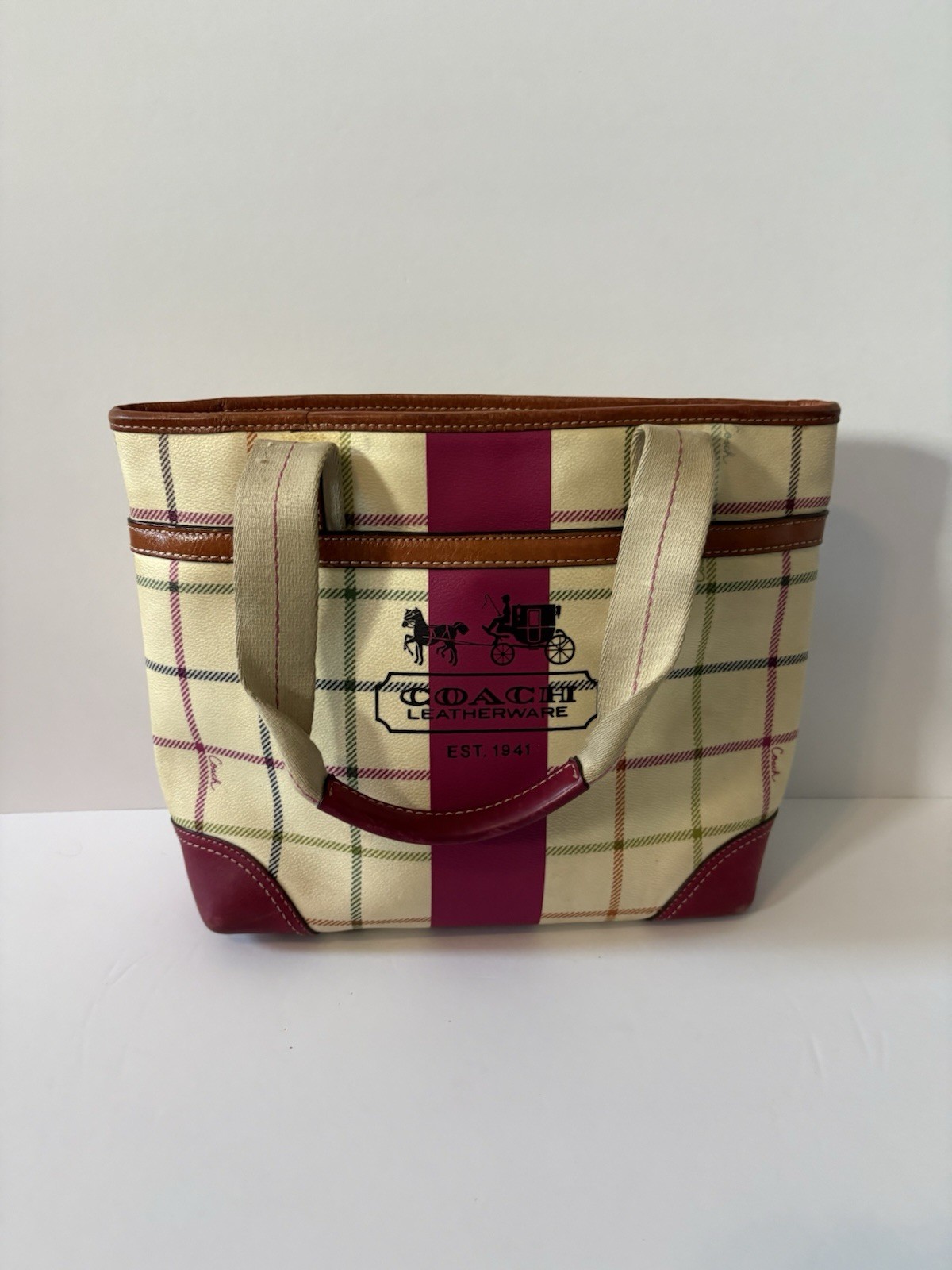 COACH Heritage Stripe Tattersall Plaid Tote Bag F14790