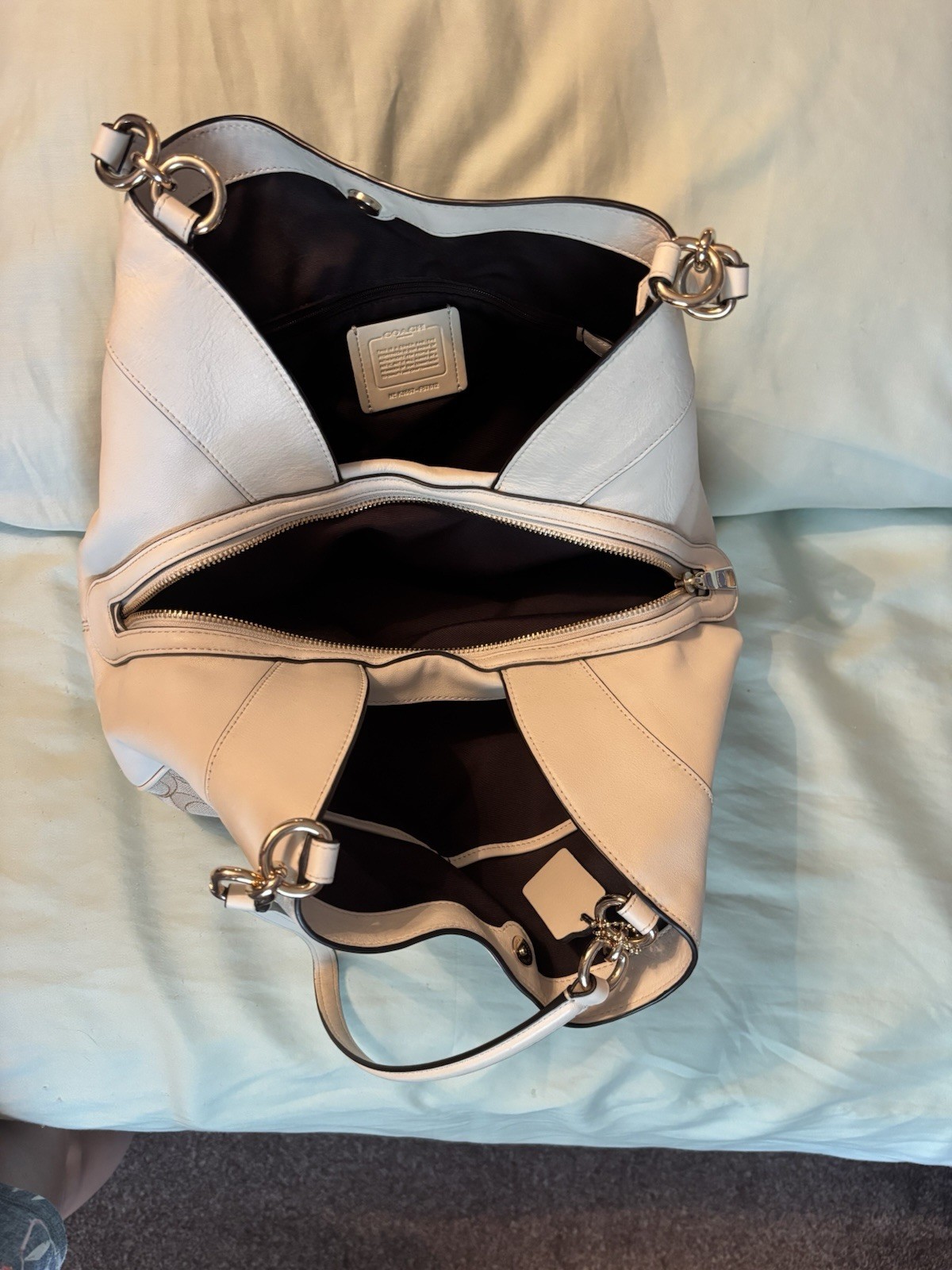 Coach Signature Monogram Shoulder Bag Beige/White Zip, Charm, Silver HW