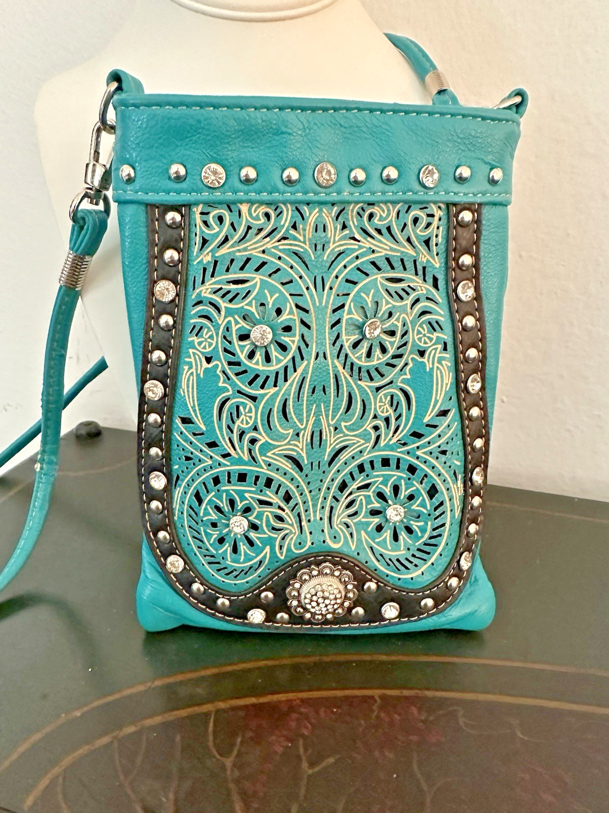American Bling Small Teal/Rhinestone Crossbody Phone bag-GOOD