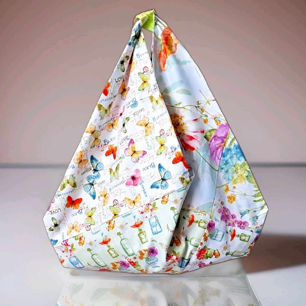 Triangle Tote Origami Tote Bento Bag Reversable Multicolor OOAK Homemade