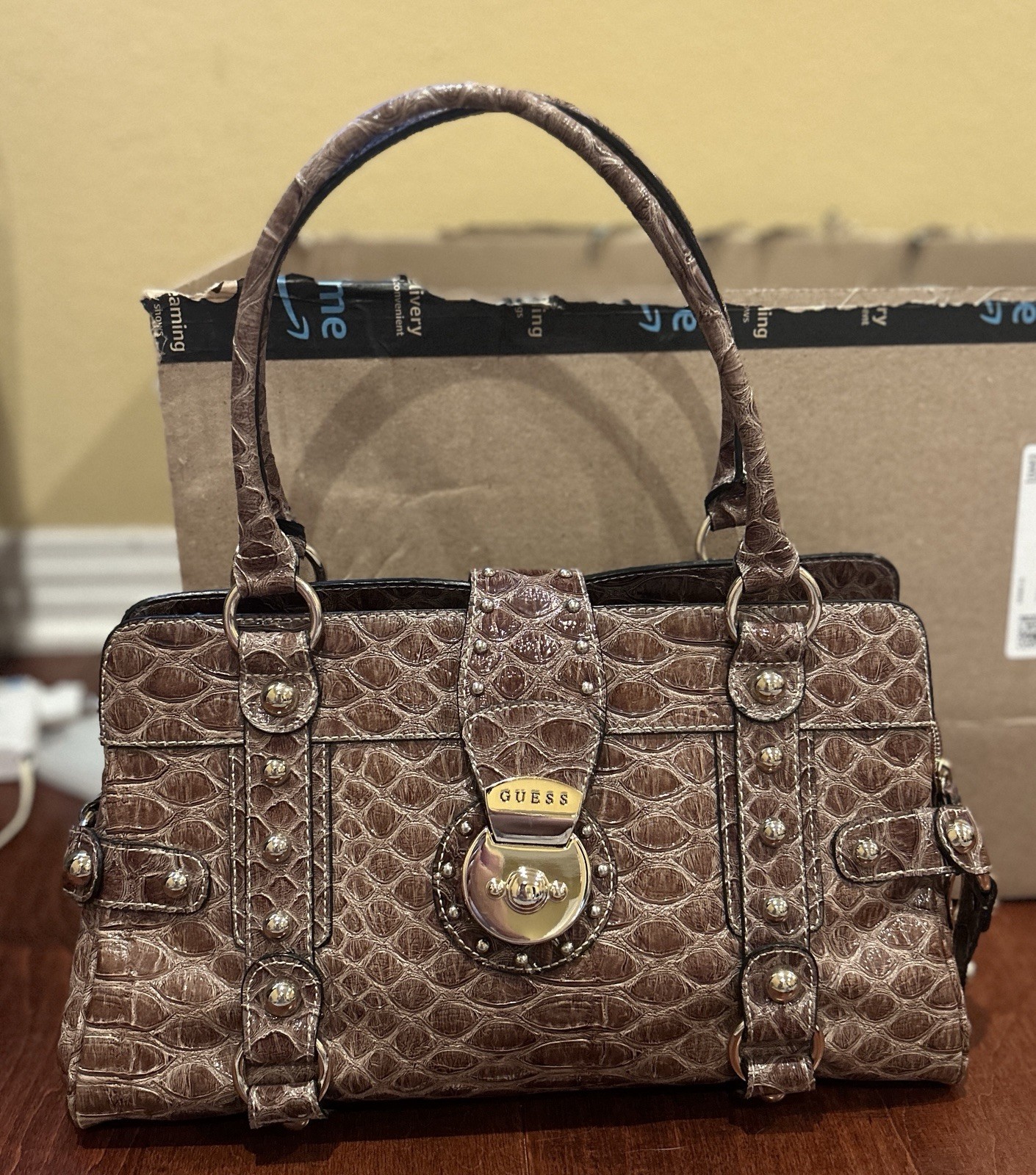 GUESS Brown Crocodile Embossed Satchel Top Handle Bag Studded Zip Pockets