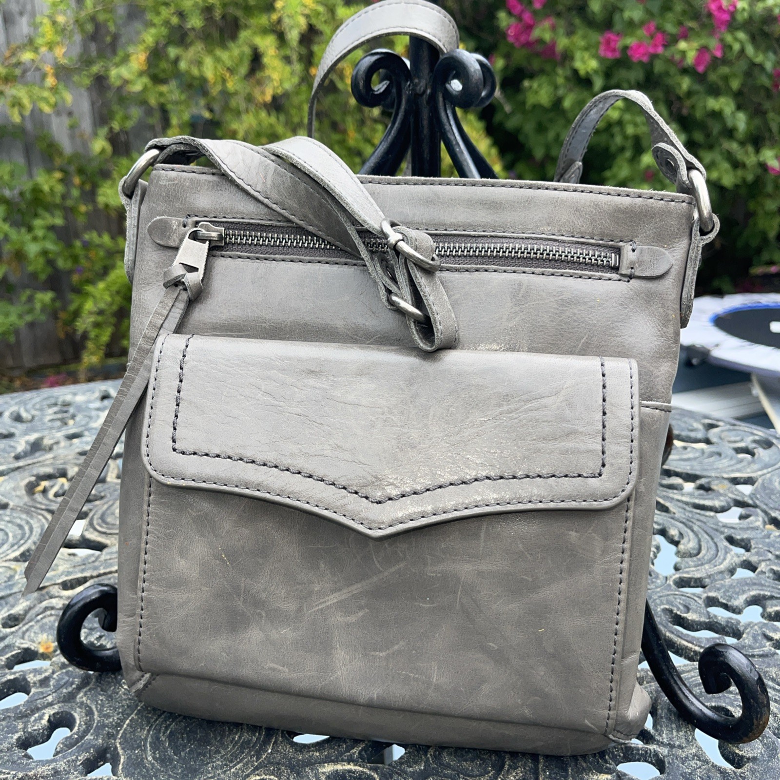 The Sak Ventura Flap Organizer Crossbody Gray Distressed Leather Bag Purse