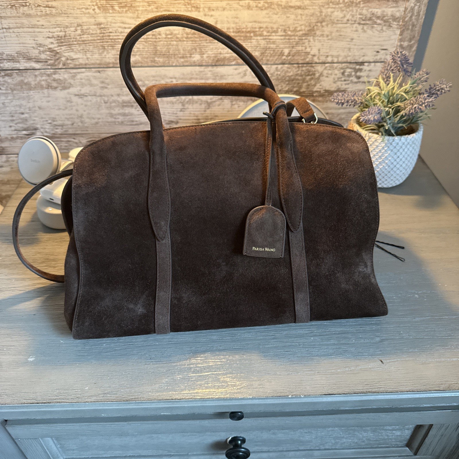 NWT Latest PARISA WANG Gabrielle 35 soft top handle brown suede leather.