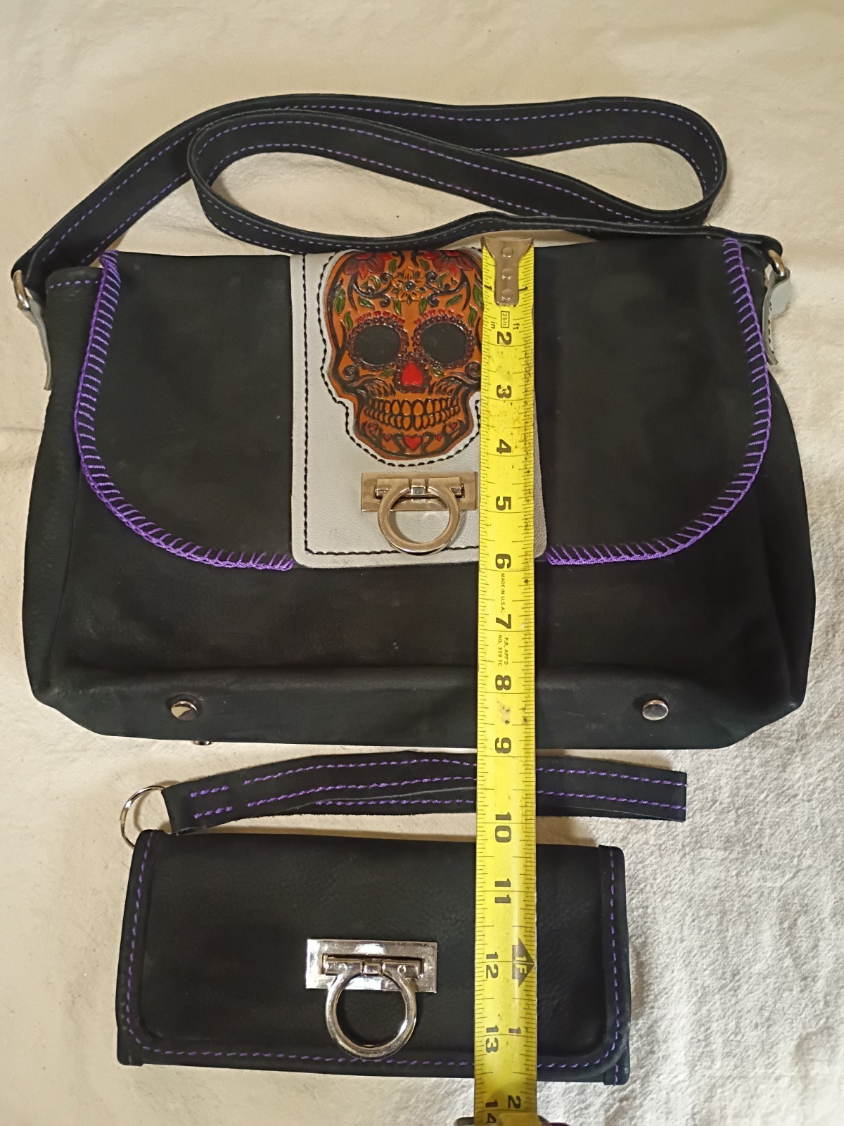 Hand Stitched Black & Purple Sugar Skull Leather Purse w/ Wallet B21