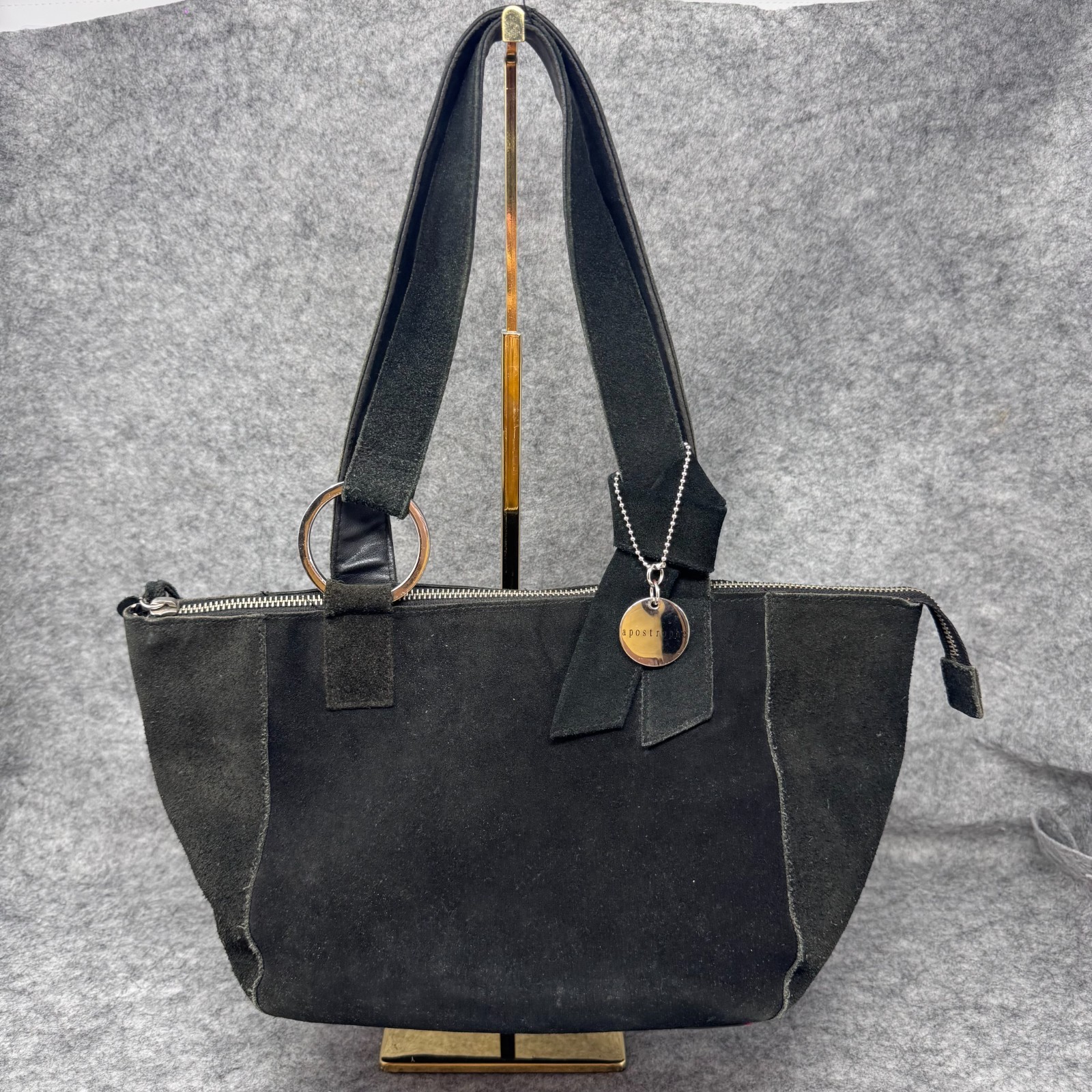 Vtg Y2K Apostrophe Black Suede Leather Shoulder Bag Boho Bohemian Minimalist