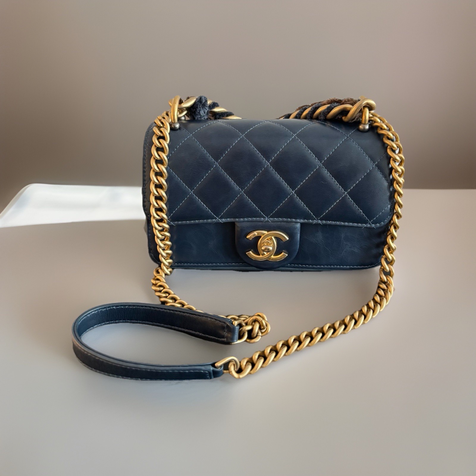 CHANEL Trapeze Rabbit Trimmed Blue Leather Classic Flap Handbag Limited Edition