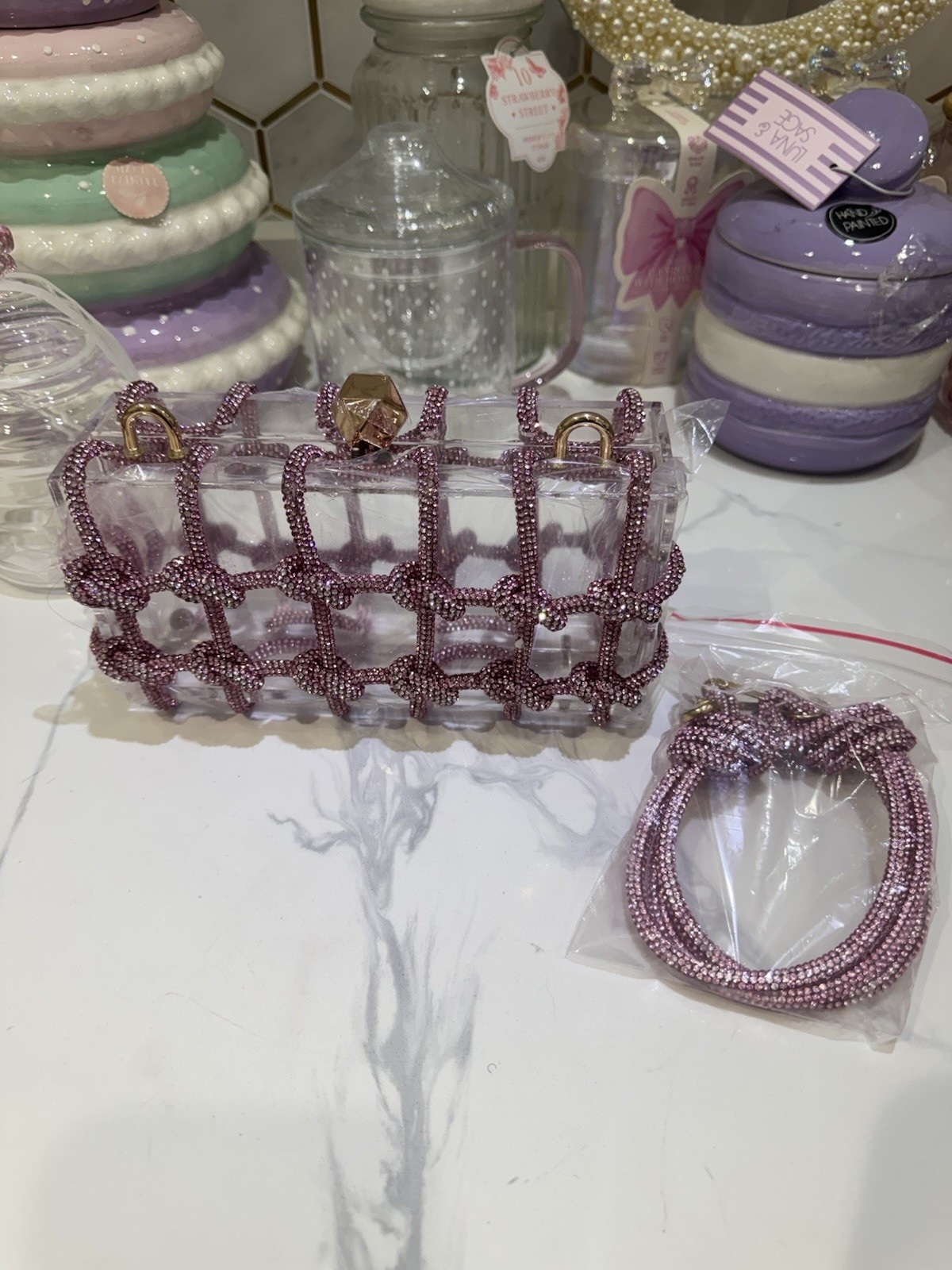Clear/Purple Beaded Rectangular Clutch Bag w/ Gold Hardware, Clasp, Detachable