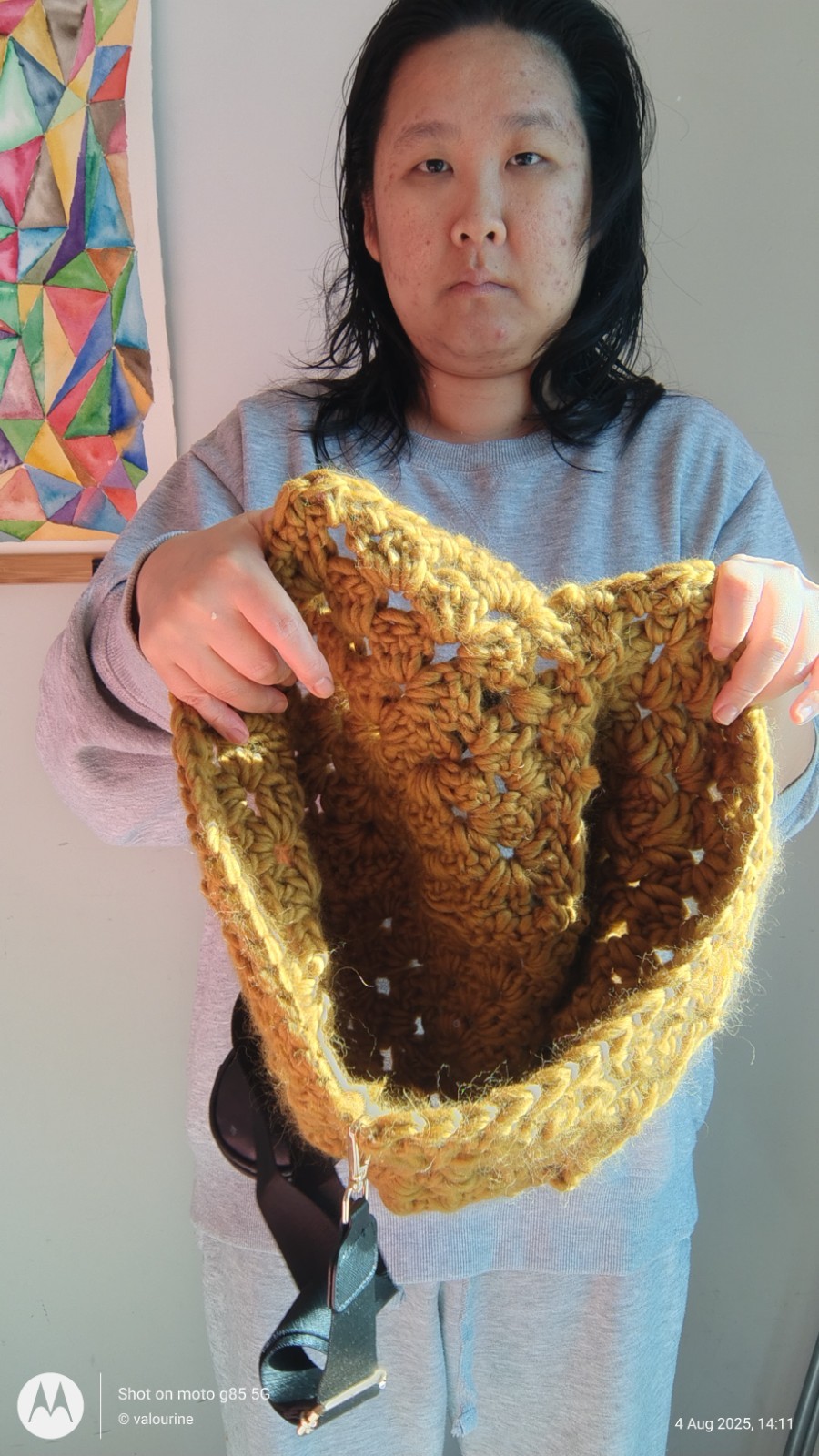 Mustard Crochet Yarn Floral Crescent Crossbody Bag Large Black Strap Handmade