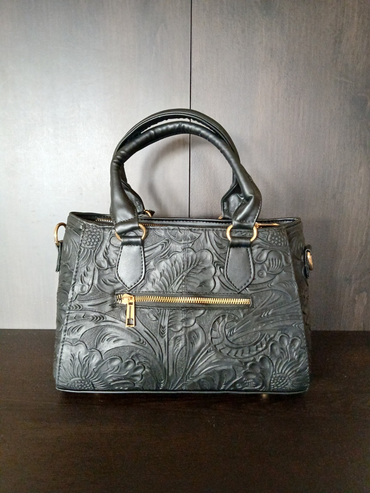 Black Tasseled Floral Embossed Tooled Artisan LEATHER Crossbody bag Purse