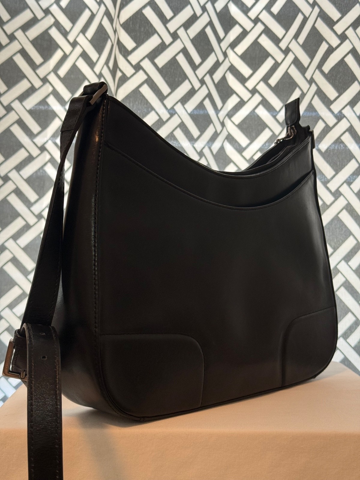 Etienne Aigner Classic Logo Black Leather Shoulder Bag with Silver Tone Hardware