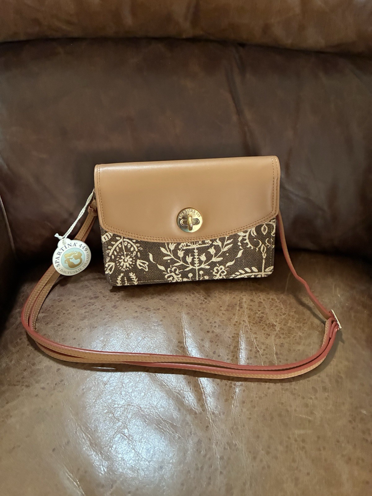 Spartina 449 Small Tan Floral Crossbody Turn Lock Zip Gold Hardware Strap