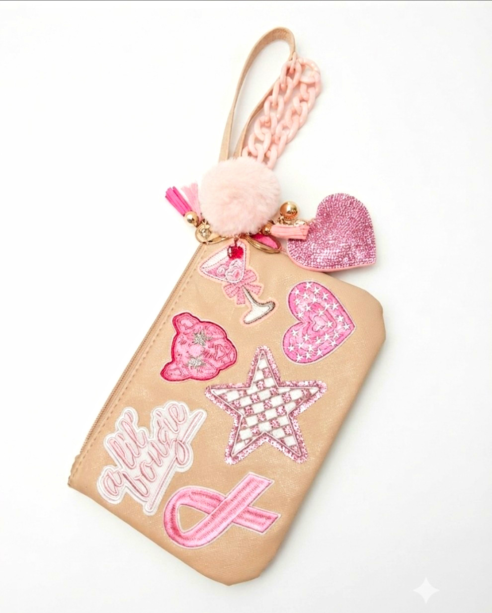 Beige/Pink Zip Wristlet Pouch w Wrist Strap, Applique Accents & Bag Charm