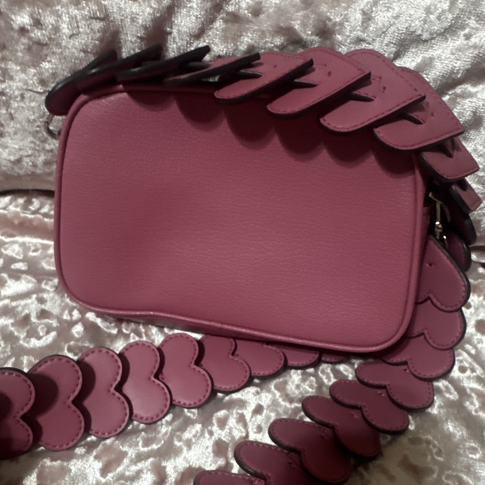 Michael Kors Pink Small Solid Rectangle Crossbody Bag Zip Heart Strap Silver