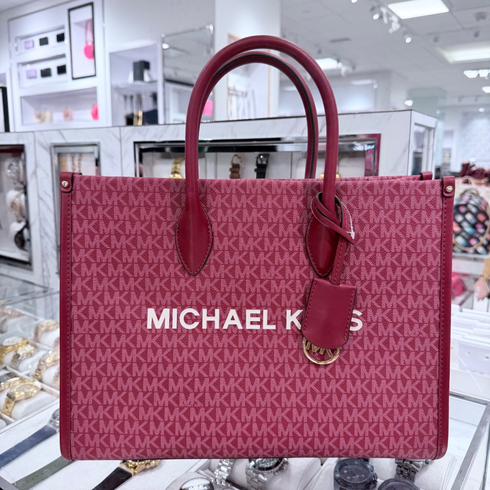 Michael Kors Mirella Medium Tote MK Signature Logo Bag Cherry