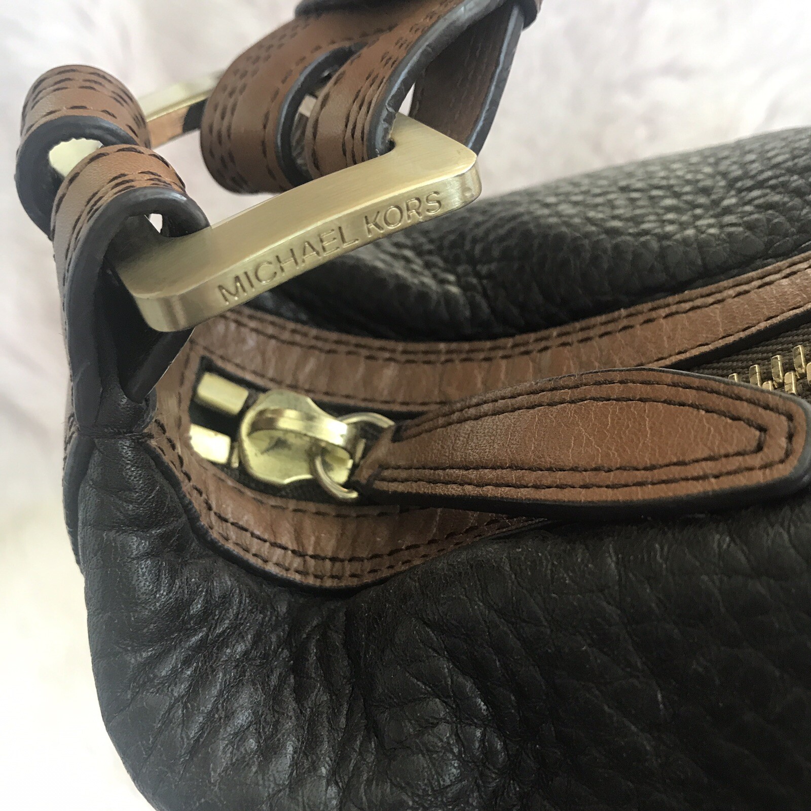 Vintage Michael Kors Harness Purse Shoulder Bag Pebbled Leather Black Brown Gold