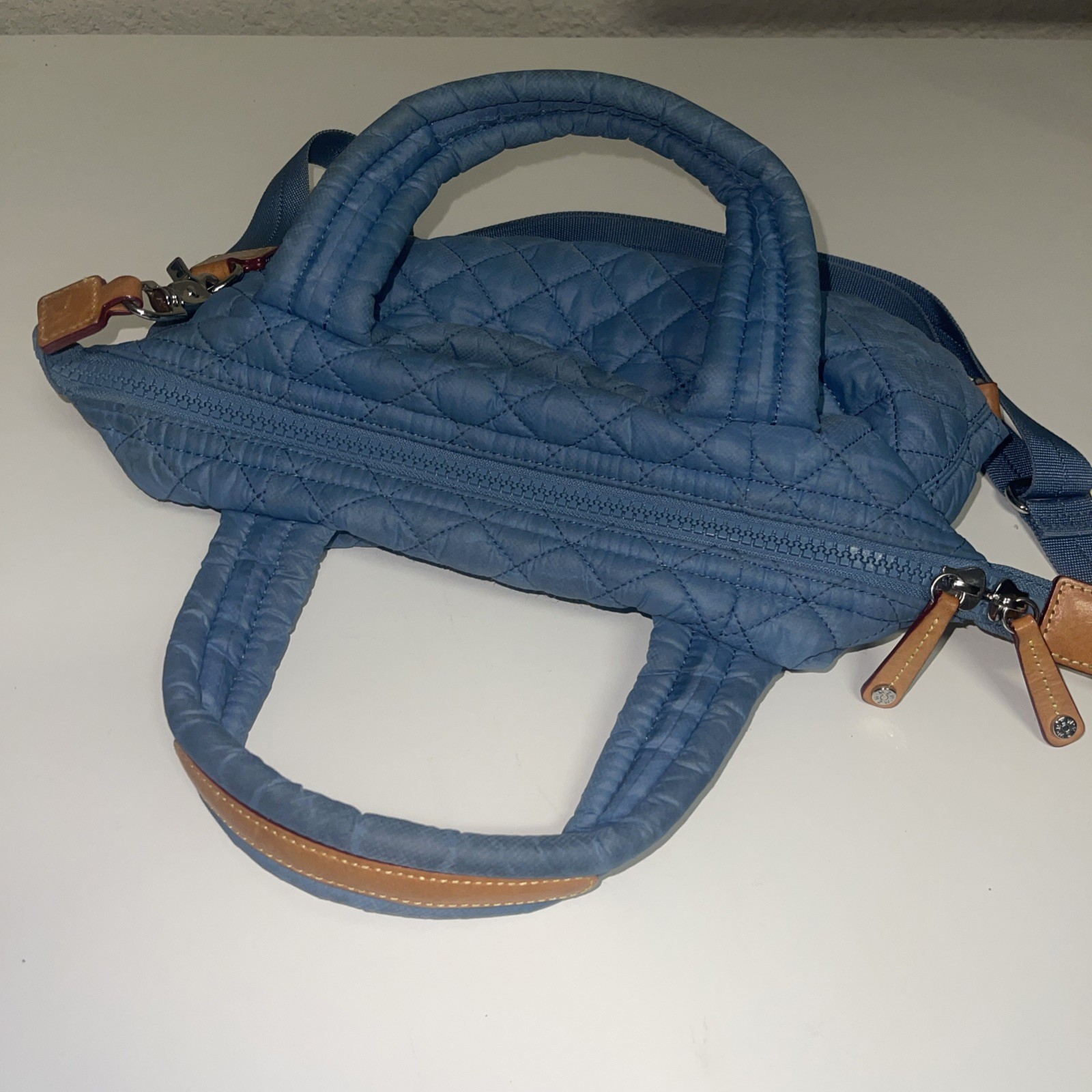 MZ Wallace Quilted Bag Blue Leather Trim Crossbody As Is