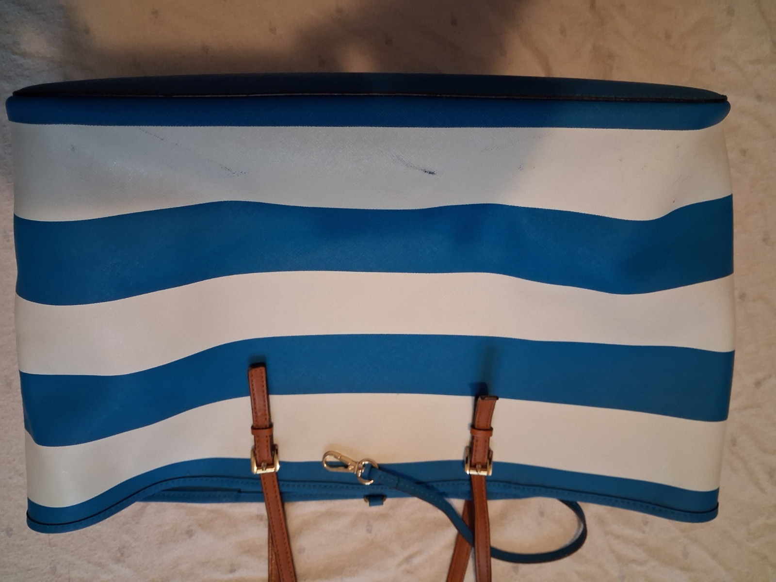 Michael Kors Blue White Striped Large Tote Bag Brown Double Handles Gold Charm