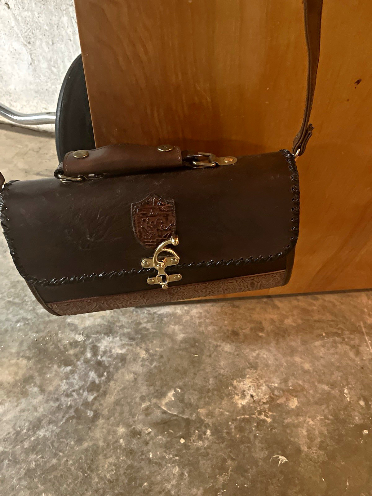 Brown Solid Rectangle Shoulder Bag Purse, Gold Hardware Clasp, Stitching