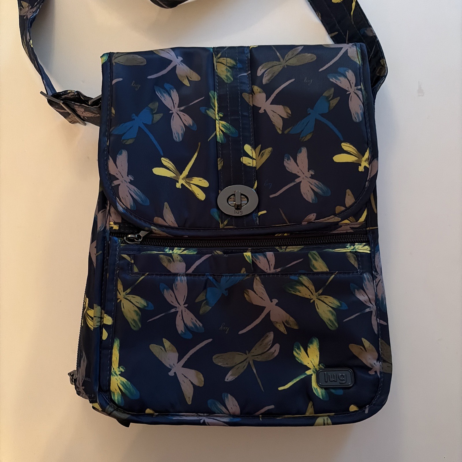 LUG Moped Crossbody Bag RFID Navy Dragonfly’s Chartreuse Large RARE Excellent