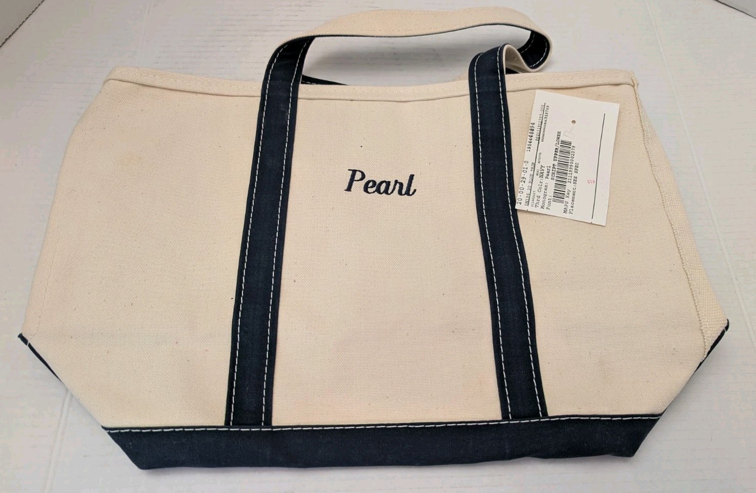 Vintage 1980s L.L. Bean Boat and Tote Cream Navy Blue Canvas Bag Classic 18″x11″