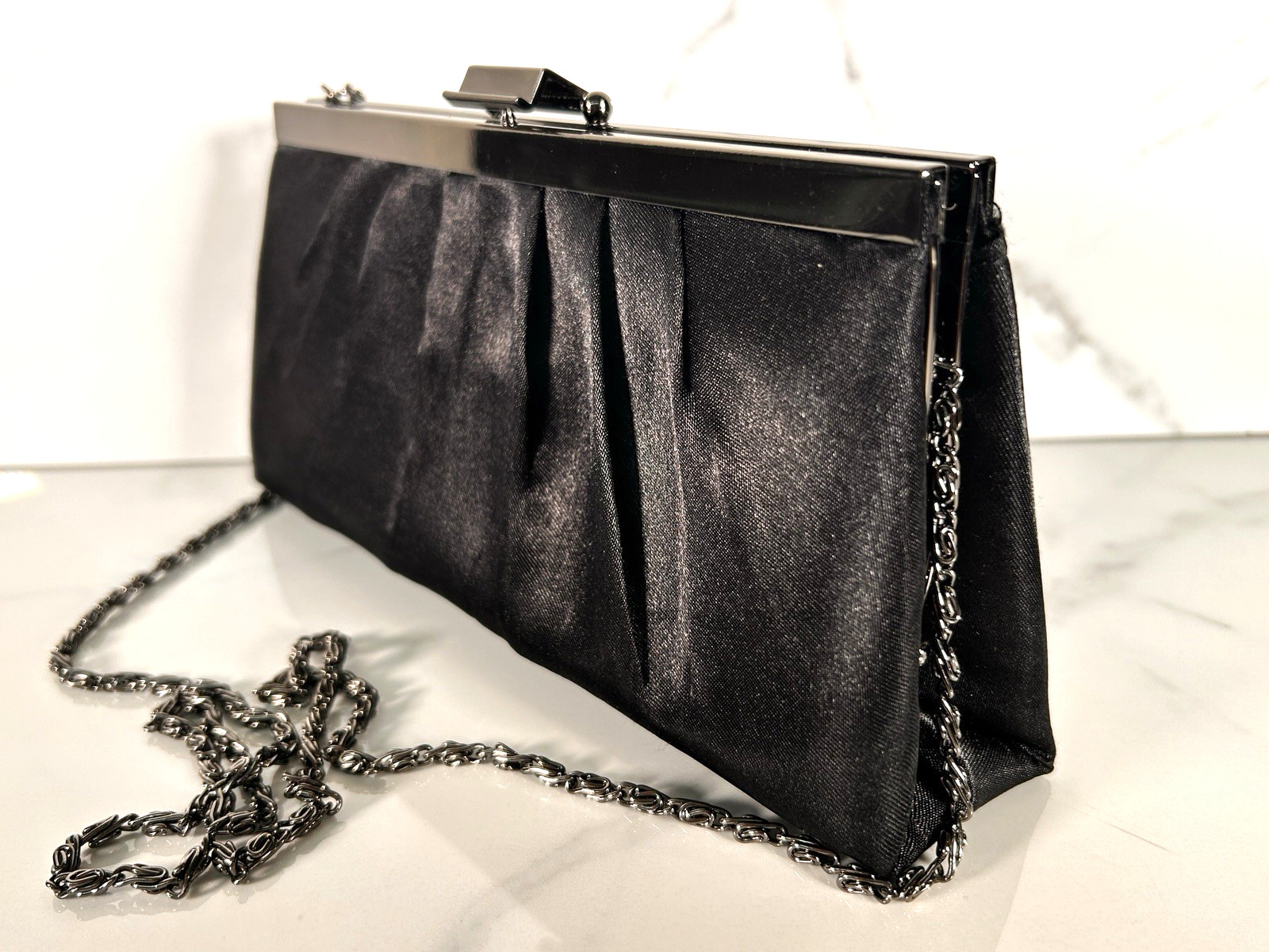 gunne sax by Jessica McClintock black pleated satin frame evening clutch