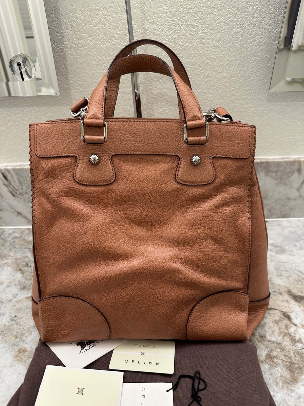 CELINE Orlov Brown Satchel Top Handle Bag w/ Strap, Charm, Dust Bag, Cards