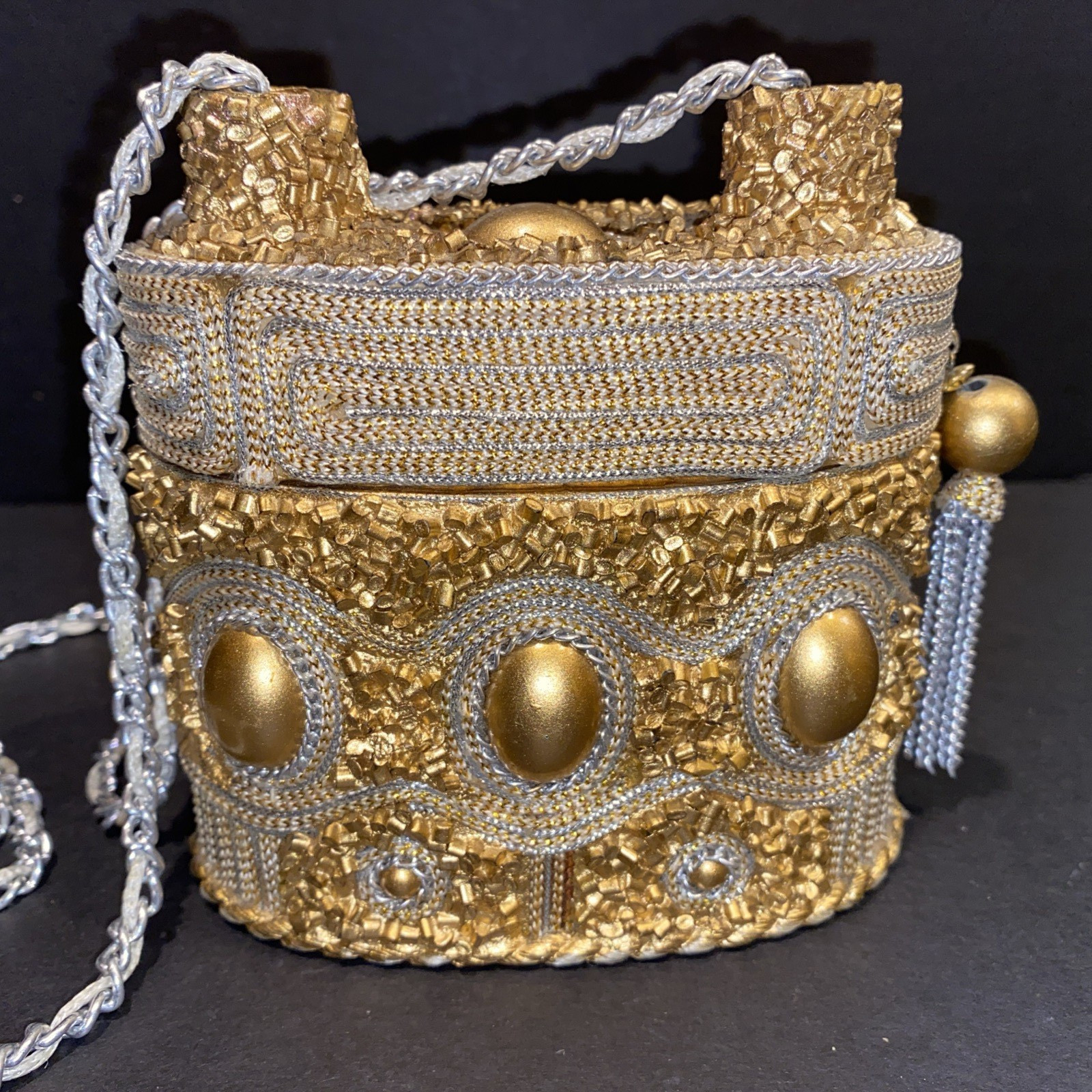 Vintage Gold & Silver Bedazzled Small Purse by Mary Frances ~5″W x 5″ T x 2.75″D
