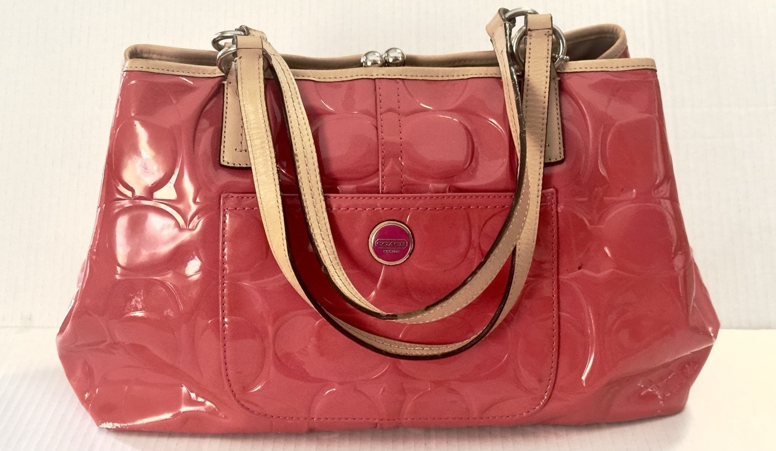 Coach Pink Patent Logo Tote Bag Beige Straps Zip Closure Inner Pockets Charm