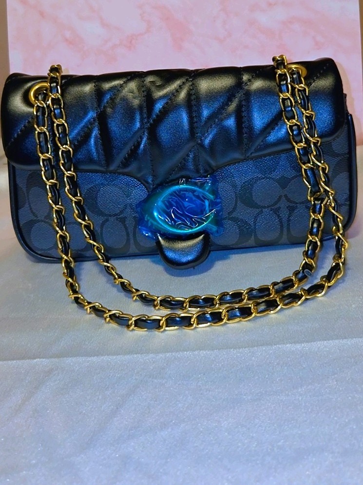 Coach Signature Quilted Turn Lock Shoulder Bag Black Gold Chain Small