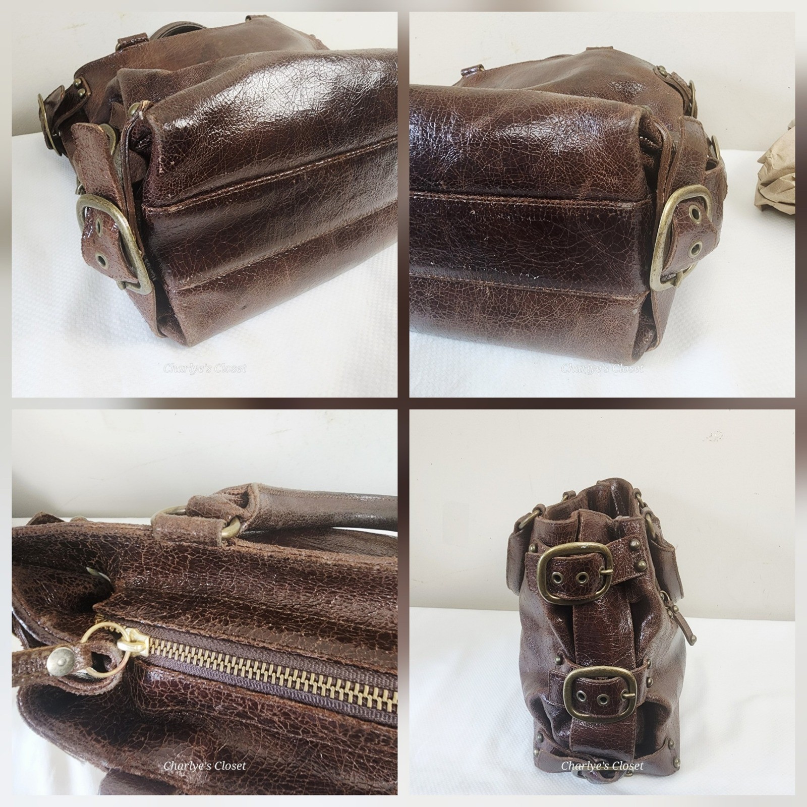KOOBA Brown Distressed Leather Brass Studded Satchel Bag Boho Statement Edgy
