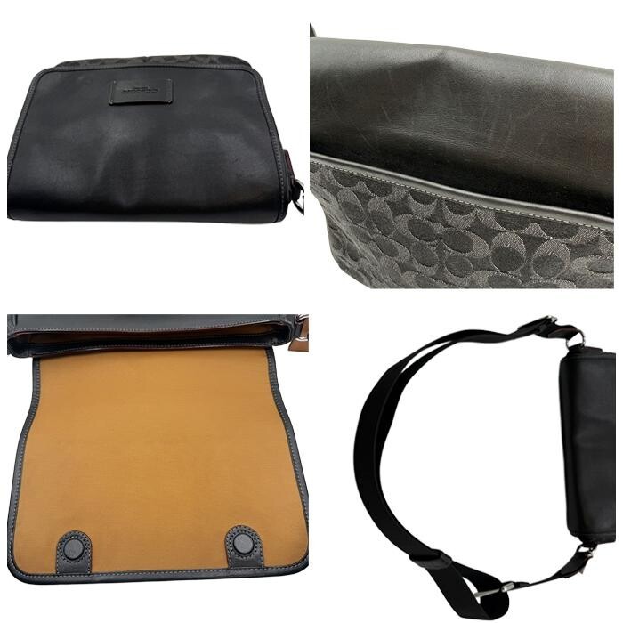 COACH Signature Black Leather Crossbody Bag Flap Unisex Silver Hardware 31.5cm