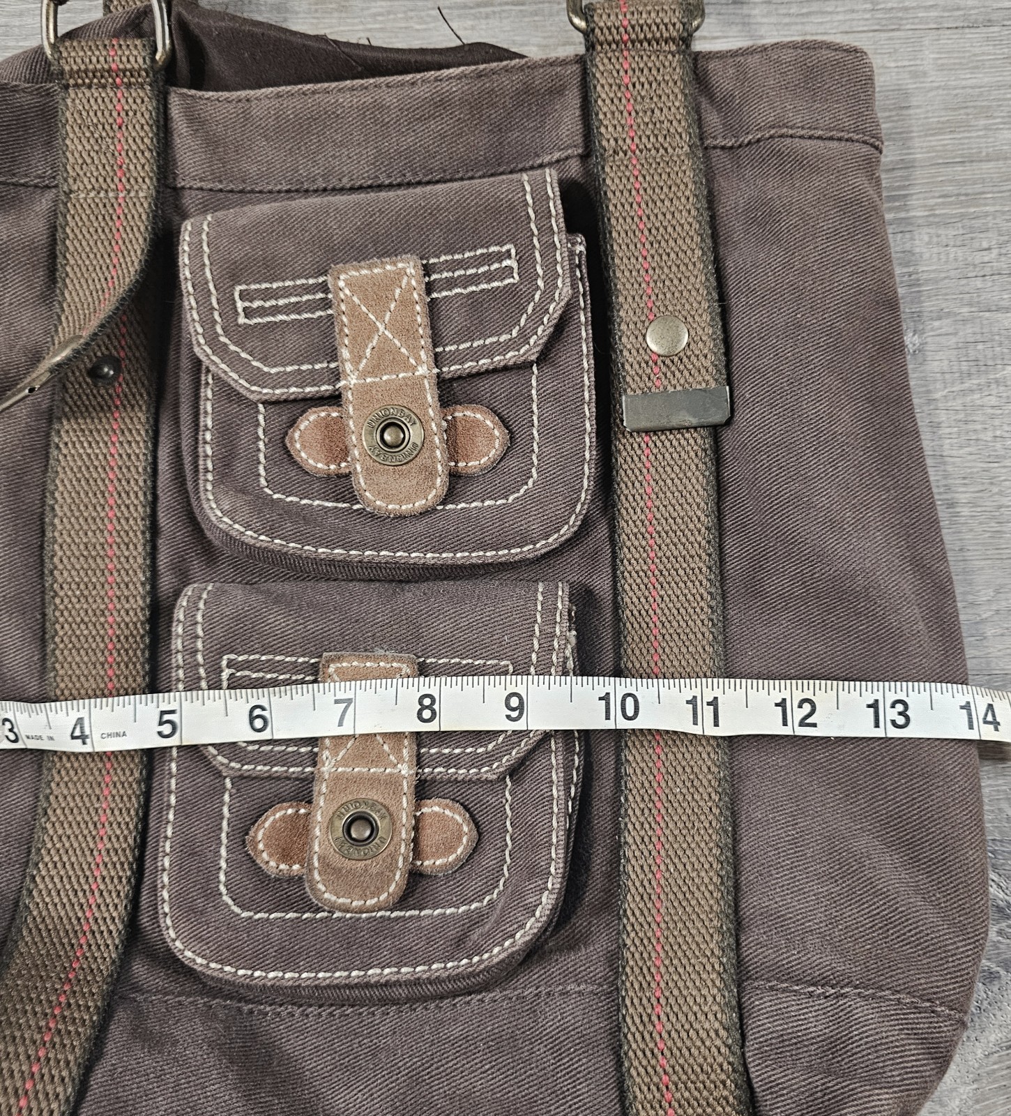 UnionBay Y2K Shoulder Bag Cotton Twill Leather Trim Magnetic Lock Pockets Brown