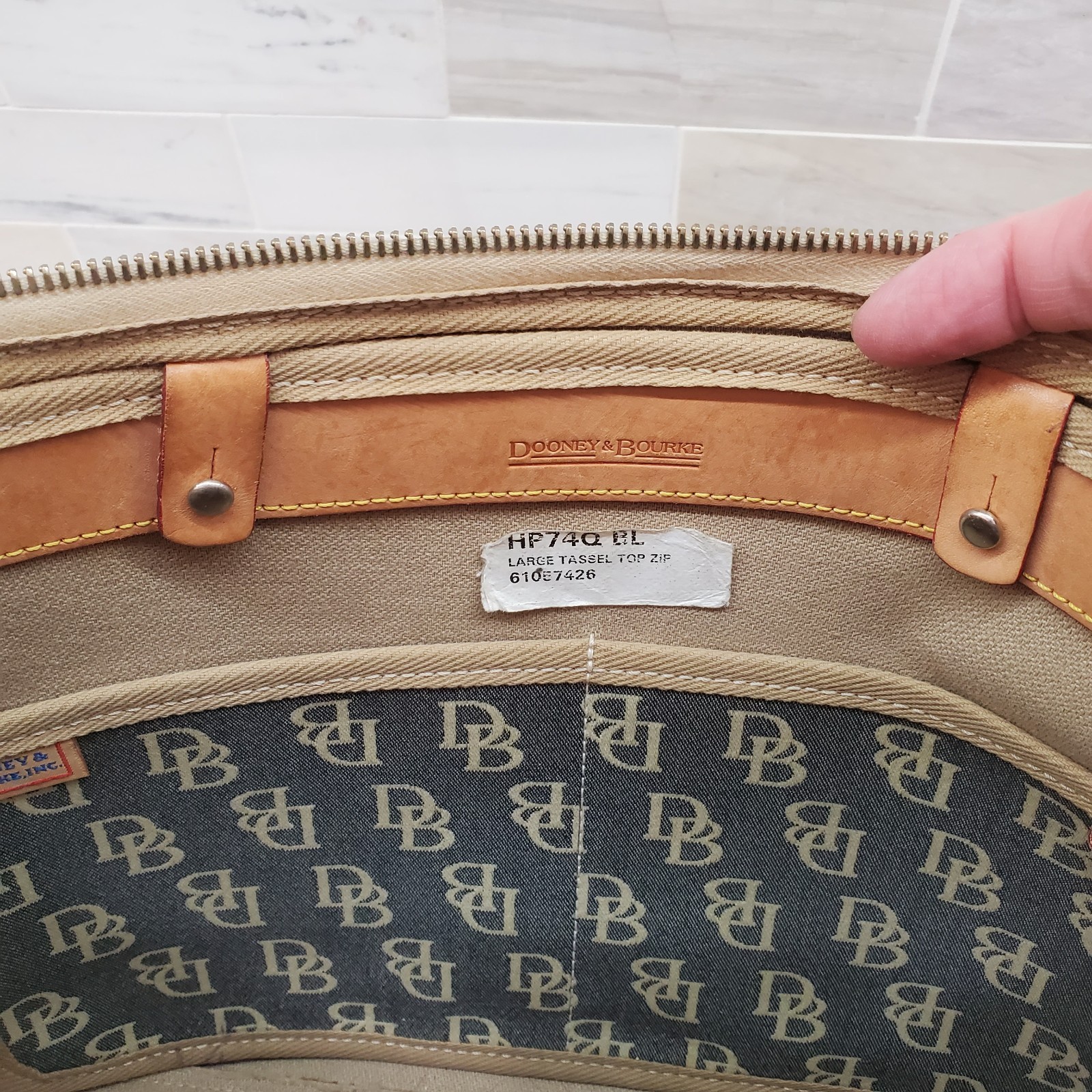 Dooney & Bourke Large Tassel Top Zip Bag Leather &Logo Fabric Double Handle