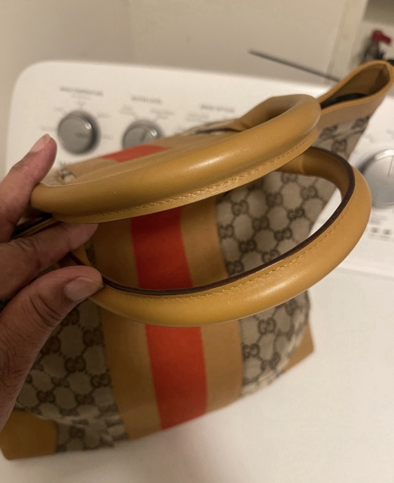 Gucci GG Pattern Tote Bag Beige Brown Red Stripe Top Handle Inner Pockets