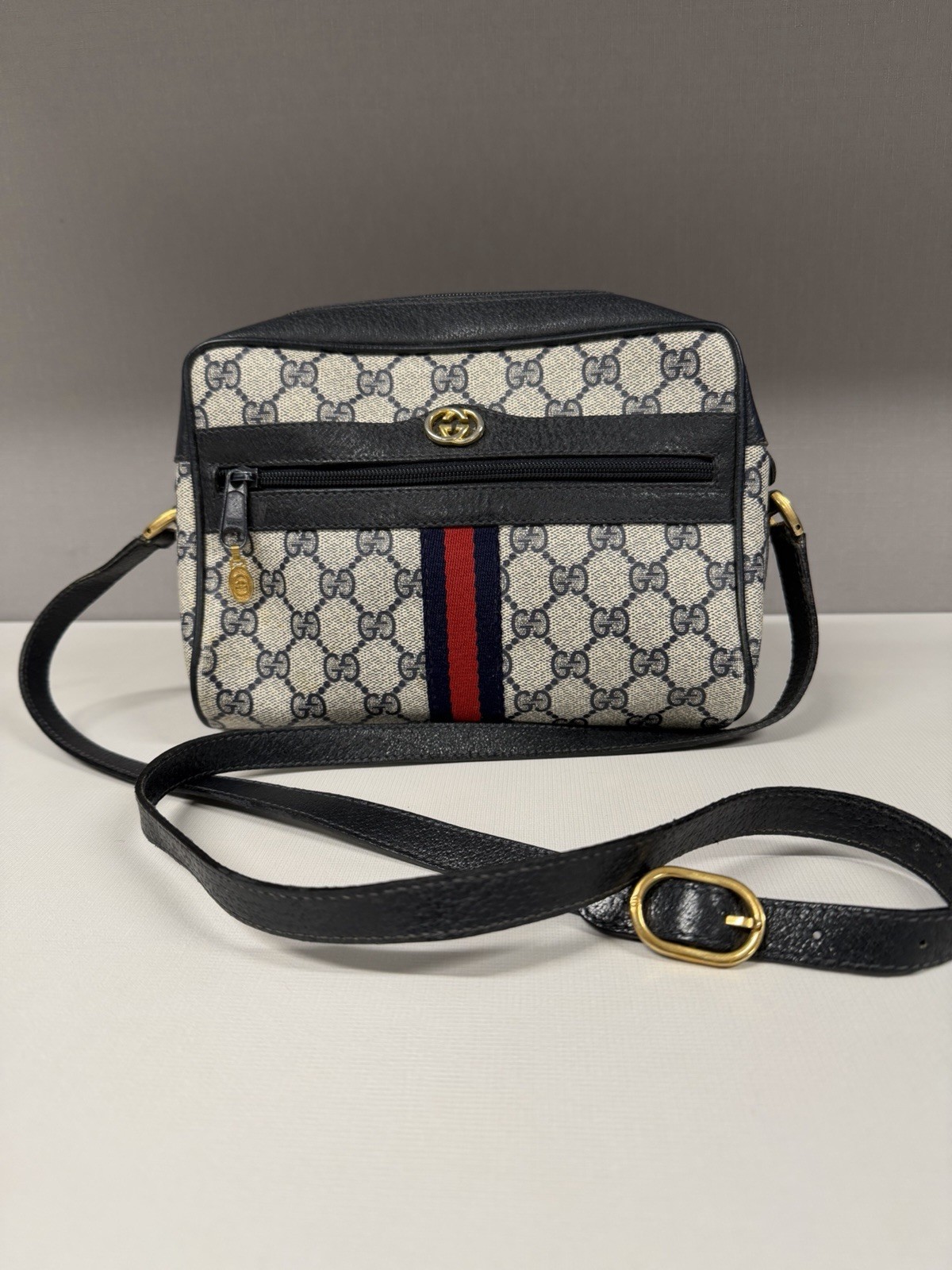 Gucci GG Pattern Web Stripe Small Crossbody Bag Zip, Adjustable Strap