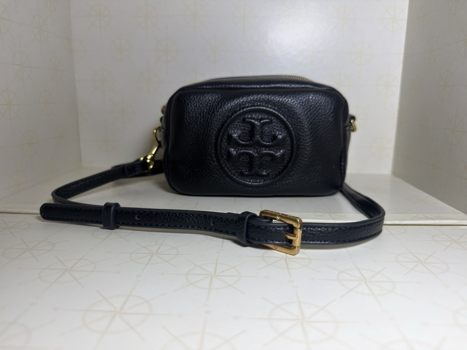 Tory Burch Perry Bombe Mini Crossbody Bag Black Pebbled Leather Gold Hardware