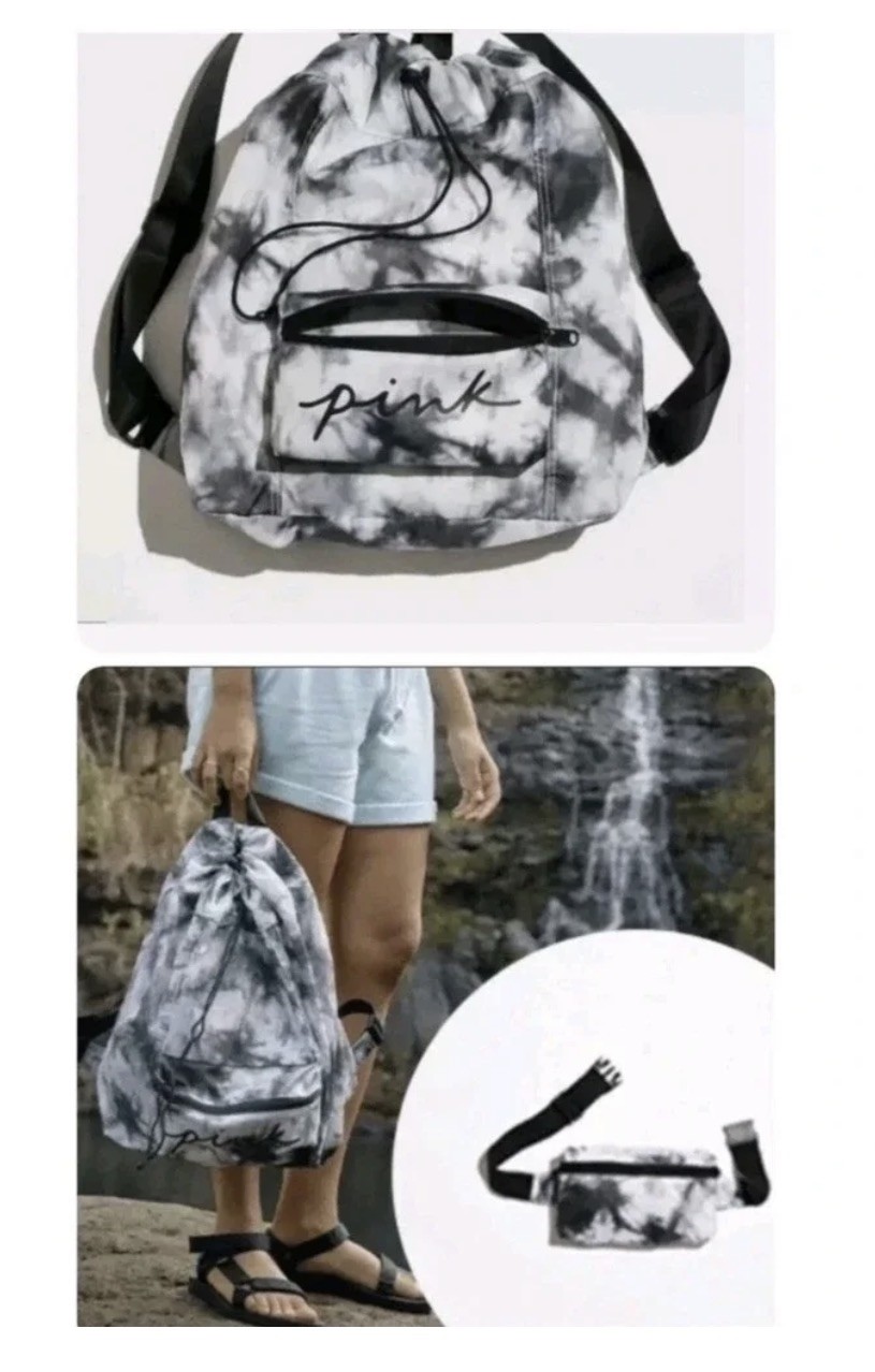 NWT Victoria Secret Pink Packable Backpack/Fanny Pack Gray Tie-Dye MSRP $39.95
