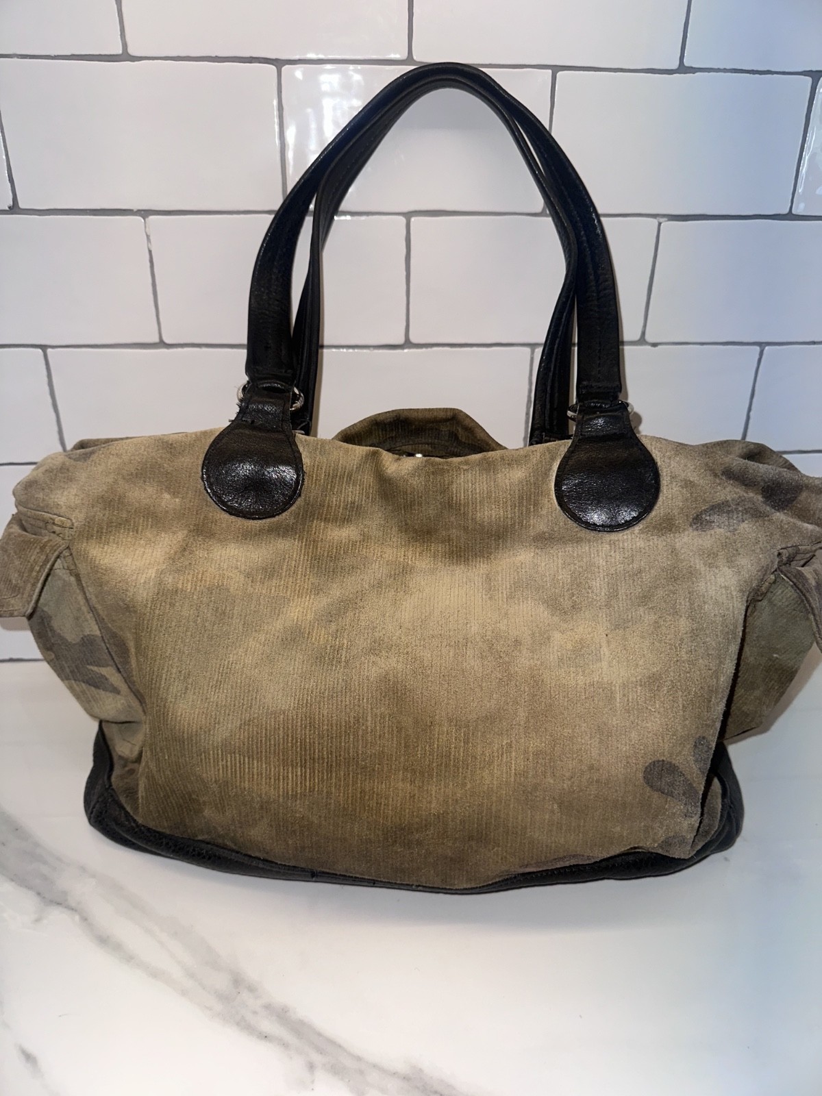 Tylie Malibu Rare Vintage Olive Green Cameo Fade Suede Leather W/Black Leather