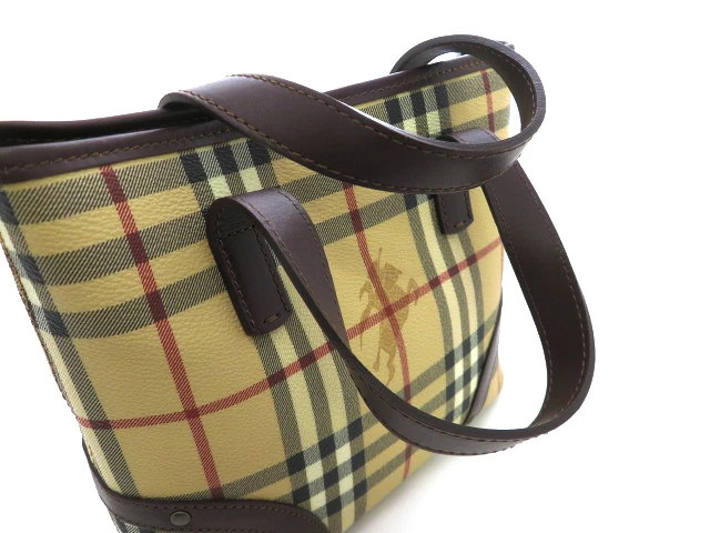 BURBERRY Check Pattern Tote Bag Beige / Dark Brown PVC / Leather Handbag #DB686