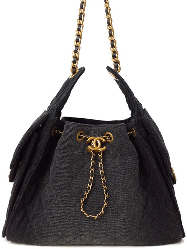 Chanel Small Handbag 25 AS5293 Denim Black Shoulder Bag Gold Hardware #TB205