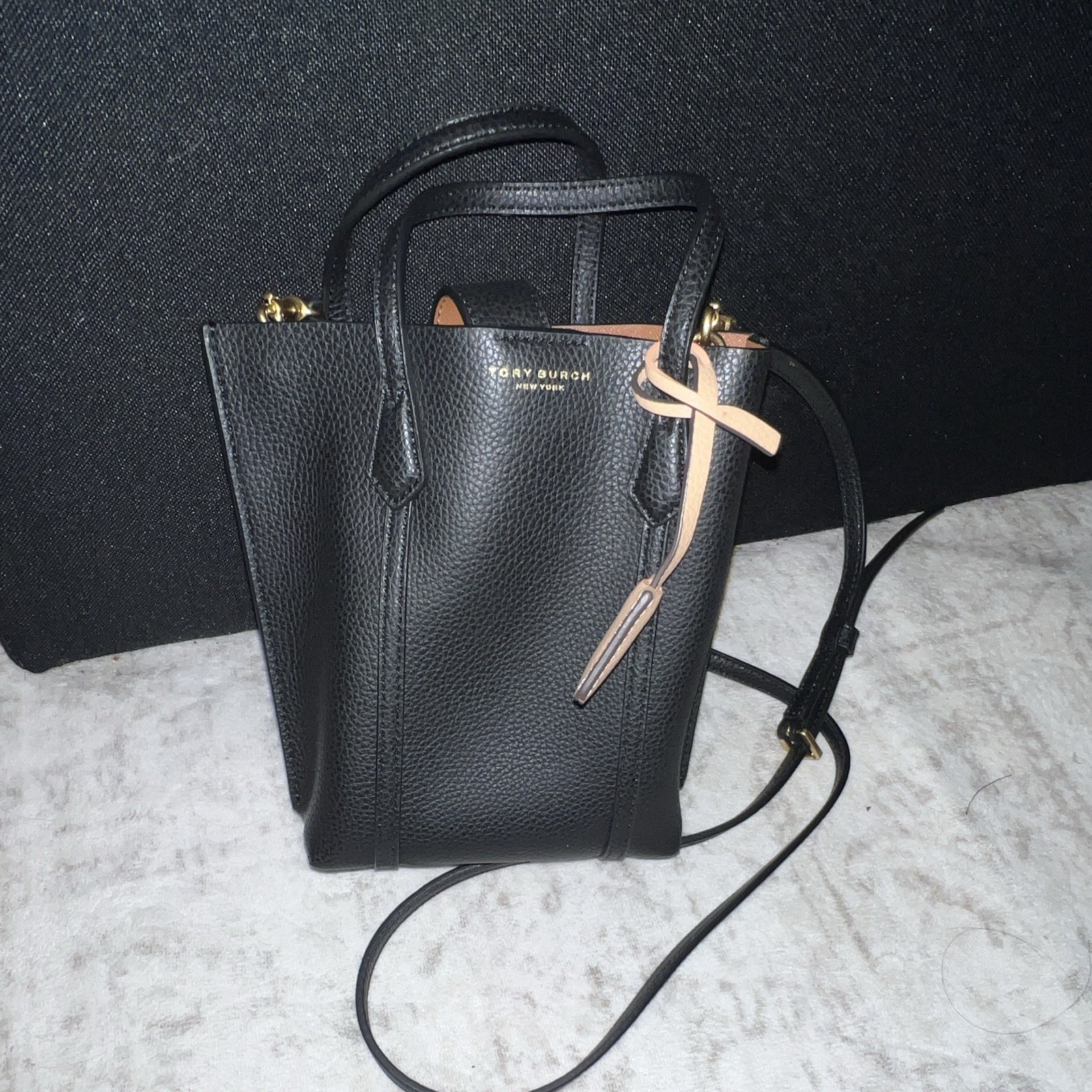 Tory Burch Women’s Black Pebbled Mini Crossbody Tote Top Handle Gold Logo