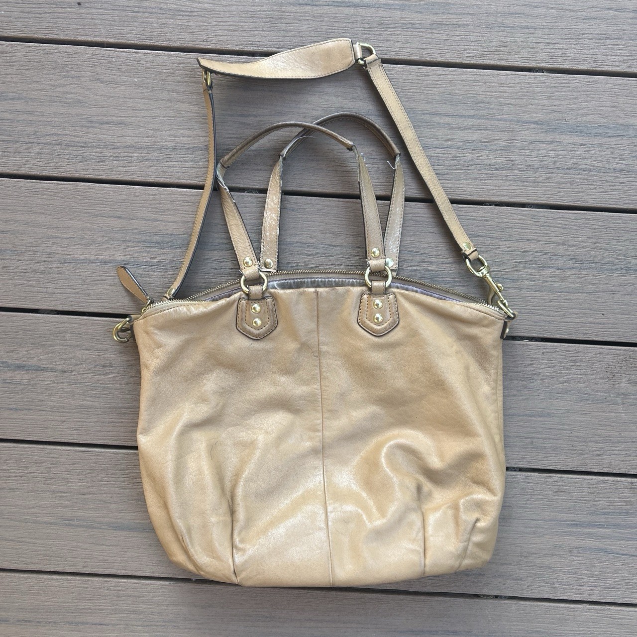 Coach Beige Solid Satchel Top Handle Bag Zip Closure w/ Detachable Strap
