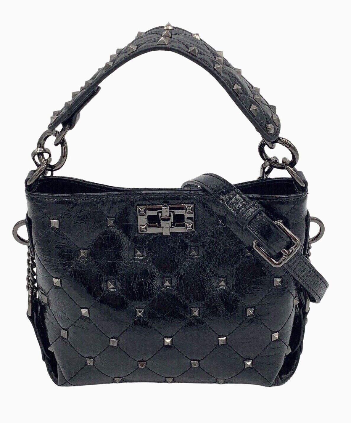 Genuine Leather Handbag/Studded Quilted Crinkled Black Leather